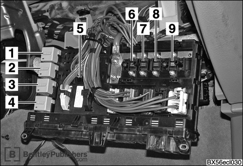 Locations of hundreds of electrical components: Fuse and relay panel behind glove
compartment.