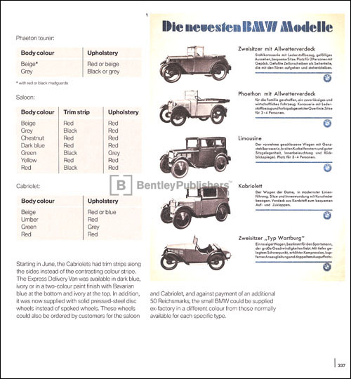 The complete BMW model range at the end of 1930, with the exception of the Express Delivery Van; the proud claim was made that BMW, powered by the famous engine that brought it victory in the 1928/29 Alpine Rallies, is the most economical, best-value car you can buy. Excerpted illustration from From Vision to Success: The Development History of BMW Automobiles: 1918-1932, page 337 
(BentleyPublishers.com watermark not printed on actual product.)