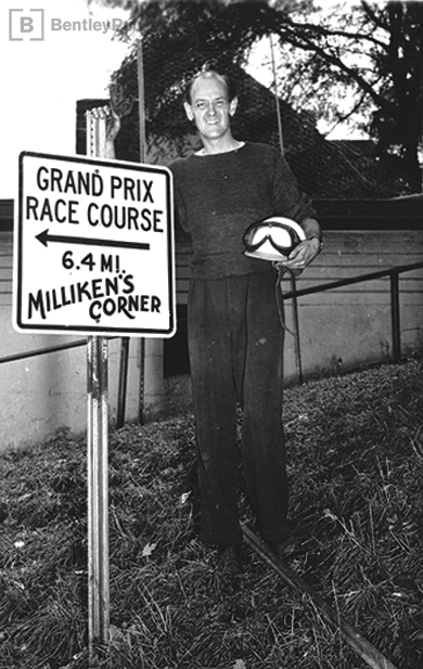 Bill Milliken earned eternal fame at Watkins Glen for his daring driving in Bugattis (Type 35,1948; Type 54, 1950), and a Miller four wheel drive (1949). Photo ca 1948.
Excerpted illustration from Equations of Motion (BentleyPublishers.com watermark not printed on actual product.)